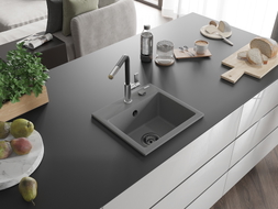 Mexen Milo évier en granit 1 bac avec robinet de cuisine Flora, gris - 6505-71-670401-07-B