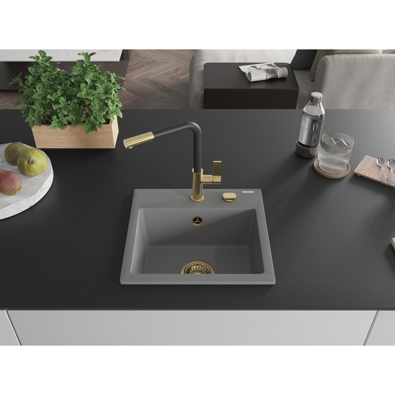 Mexen Milo évier en granit 1 bac avec robinet de cuisine Flora, gris - 6505-71-670401-57-G