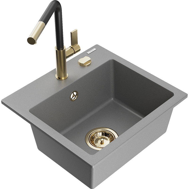 Mexen Milo évier en granit 1 bac avec robinet de cuisine Flora, gris - 6505-71-670401-57-G