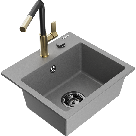 Mexen Milo évier en granit 1 bac avec robinet de cuisine Flora, gris - 6505-71-670401-57-B