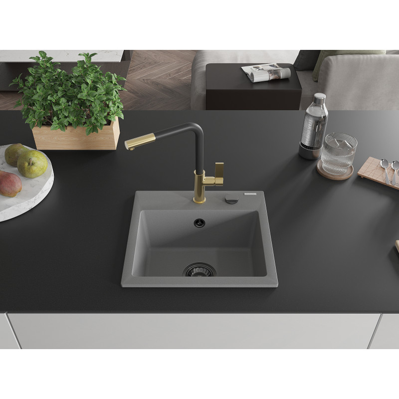 Mexen Milo évier en granit 1 bac avec robinet de cuisine Flora, gris - 6505-71-670401-57-B