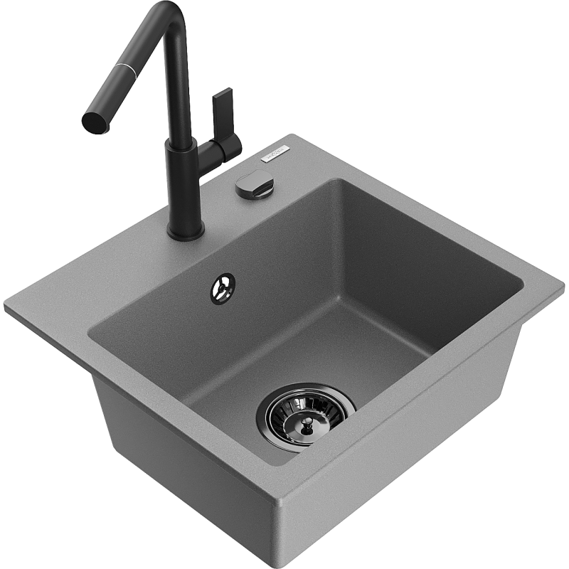 Mexen Milo évier en granit 1 bac avec robinet de cuisine Flora, gris - 6505-71-670401-70-B