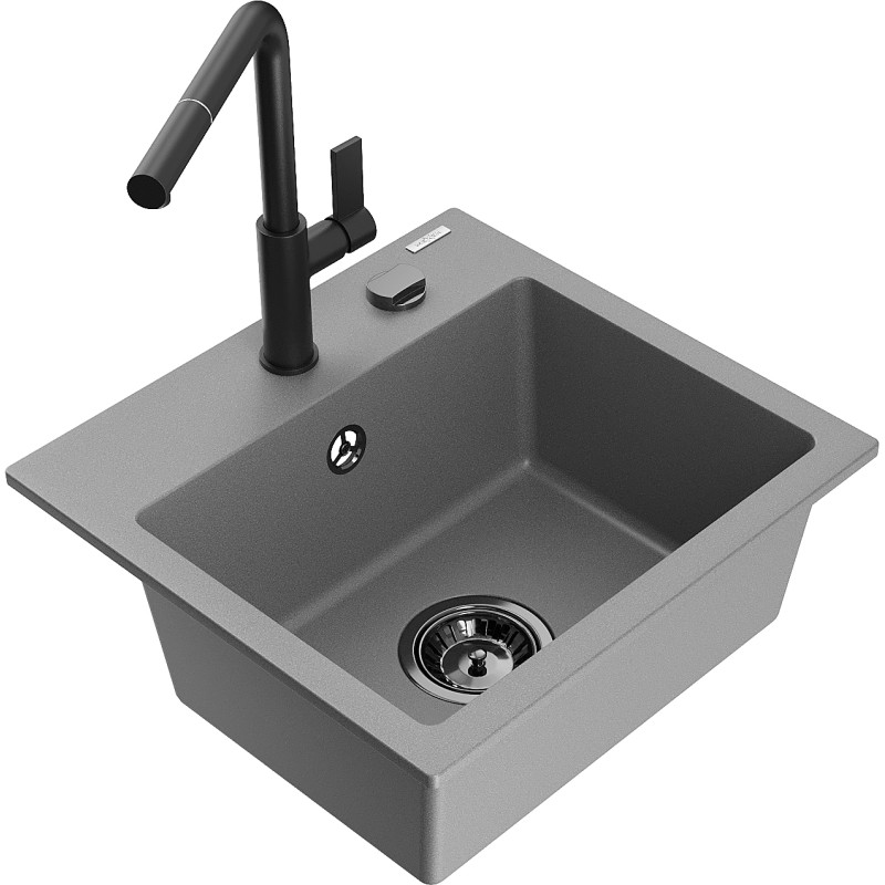 Mexen Milo évier en granit à 1 bac avec robinet de cuisine Flora, gris - 6505-71-670401-70-B