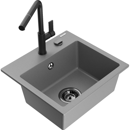 Mexen Milo évier en granit 1 bac avec robinet de cuisine Flora, gris - 6505-71-670401-70-B