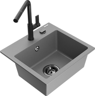 Mexen Milo évier en granit 1 bac avec robinet de cuisine Flora, gris - 6505-71-670401-70-B