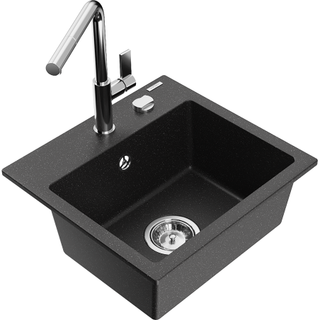 Mexen Milo évier de cuisine 1 bac en granit avec robinet Flora, noir/argent métallisé - 6505-73-670401-00