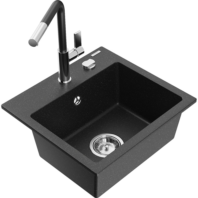 Mexen Milo évier de cuisine en granit 1 bac avec robinet Flora, noir/métallisé argent - 6505-73-670401-07