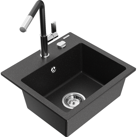 Mexen Milo évier de cuisine en granit 1 bac avec robinet Flora, noir/métallisé argent - 6505-73-670401-07
