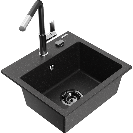 Mexen Milo évier en granit 1 cuve avec robinet de cuisine Flora, noir/argent métallique - 6505-73-670401-07-B