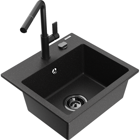Mexen Milo évier en granit 1 cuve avec robinet de cuisine Flora, noir/métallique argenté - 6505-73-670401-70-B