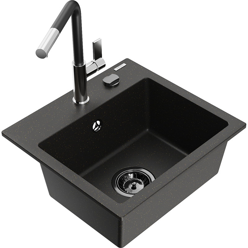 Mexen Milo évier en granit 1-bac avec robinet de cuisine Flora, noir/doré métallisé - 6505-75-670401-07-B