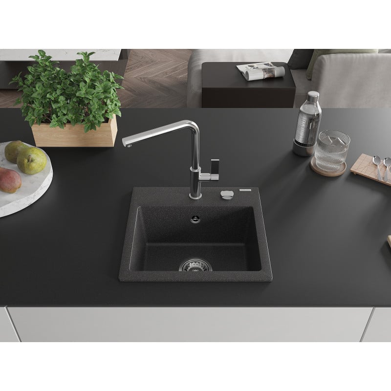 Mexen Milo évier en granit 1 bac avec robinet de cuisine Flora, noir moucheté - 6505-76-670401-00