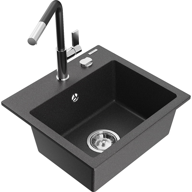 Mexen Milo évier en granit 1 bac avec robinet de cuisine Flora, noir moucheté - 6505-76-670401-07