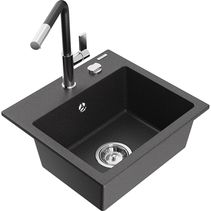 Mexen Milo évier en granit 1 cuve avec robinet de cuisine Flora, noir moucheté - 6505-76-670401-07