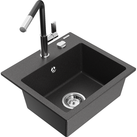 Mexen Milo évier en granit 1 cuve avec robinet de cuisine Flora, noir moucheté - 6505-76-670401-07