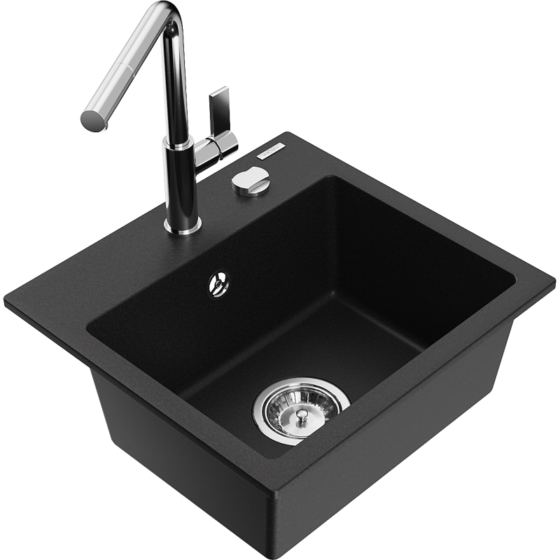 Mexen Milo évier en granit 1 bac avec robinet de cuisine Flora, noir - 6505-77-670401-00