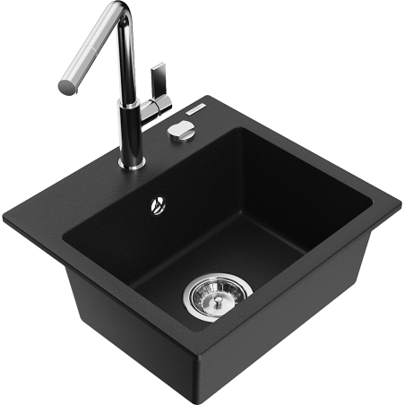 Mexen Milo évier en granit 1 bac avec robinet de cuisine Flora, noir - 6505-77-670401-00