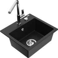 Mexen Milo évier en granit 1 bac avec robinet de cuisine Flora, noir - 6505-77-670401-00