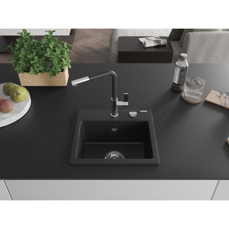 Mexen Milo évier de cuisine en granit 1 bac avec robinet de cuisine Flora, noir - 6505-77-670401-07