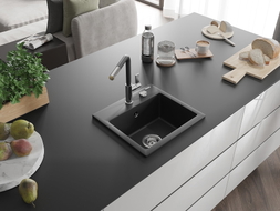 Mexen Milo évier en granit 1 bac avec robinet de cuisine Flora, noir - 6505-77-670401-07