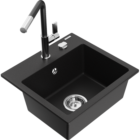 Mexen Milo évier en granit 1 bac avec robinet de cuisine Flora, noir - 6505-77-670401-07