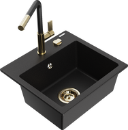 Mexen Milo évier en granit 1 bac avec robinet de cuisine Flora, noir - 6505-77-670401-57-G