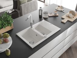 Mexen Gaspar évier en granit 1,5 bac avec égouttoir et robinet de cuisine Flora, blanc - 6507-20-670401-02
