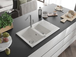 Mexen Gaspar évier en granit 1,5 bac avec égouttoir et robinet de cuisine Flora, blanc - 6507-20-670401-06