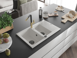 Mexen Gaspar évier en granit 1,5 bac avec égouttoir et robinet de cuisine Flora, blanc - 6507-20-670401-57-B