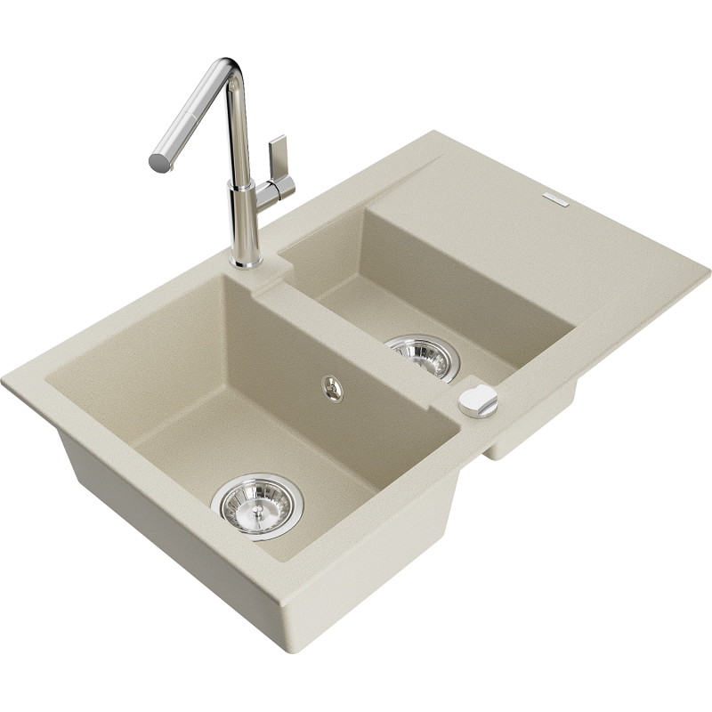 Mexen Gaspar Évier en granit 1,5 bac avec égouttoir et mitigeur de cuisine Flora, beige - 6507-69-670401-00