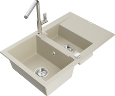 Mexen Gaspar évier en granit 1,5 bac avec égouttoir et robinet de cuisine Flora, beige - 6507-69-670401-00
