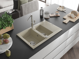 Mexen Gaspar évier en granit 1,5 bac avec égouttoir et robinet de cuisine Flora, beige - 6507-69-670401-00