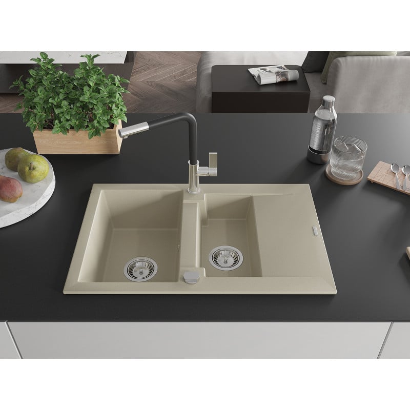 Mexen Gaspar évier en granit 1,5 bac avec égouttoir et robinet de cuisine Flora, beige - 6507-69-670401-07