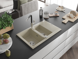 Mexen Gaspar évier en granit 1,5 bac avec égouttoir et robinet de cuisine Flora, beige - 6507-69-670401-07
