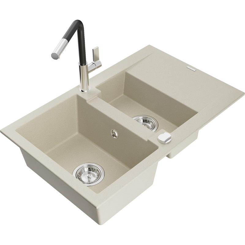 Mexen Gaspar évier en granit 1,5 bac avec égouttoir et robinet cuisine Flora, beige - 6507-69-670401-07