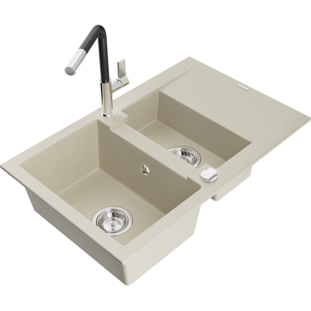Mexen Gaspar évier en granit 1,5 bac avec égouttoir et robinet de cuisine Flora, beige - 6507-69-670401-07