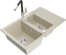 Mexen Gaspar évier en granit 1,5 bac avec égouttoir et robinet de cuisine Flora, beige - 6507-69-670401-07