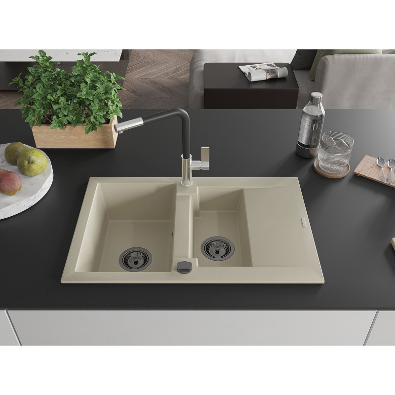 Mexen Gaspar évier en granit 1,5 bac avec égouttoir et robinet de cuisine Flora, beige - 6507-69-670401-07-B