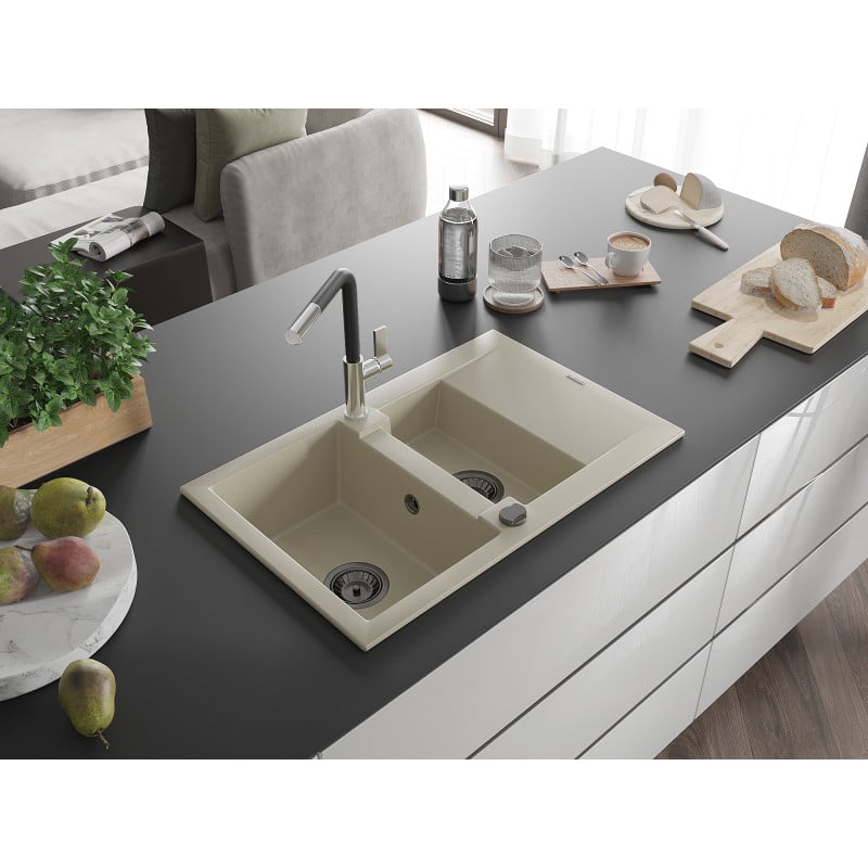 Mexen Gaspar évier en granit 1,5 bac avec égouttoir et robinet de cuisine Flora, beige - 6507-69-670401-07-B