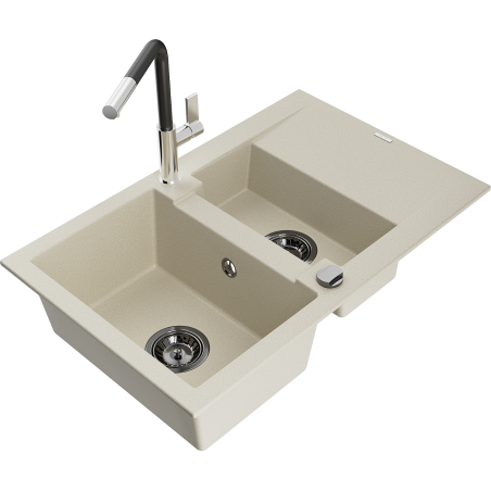 Mexen Gaspar évier en granit 1,5 bac avec égouttoir et robinet de cuisine Flora, beige - 6507-69-670401-07-B
