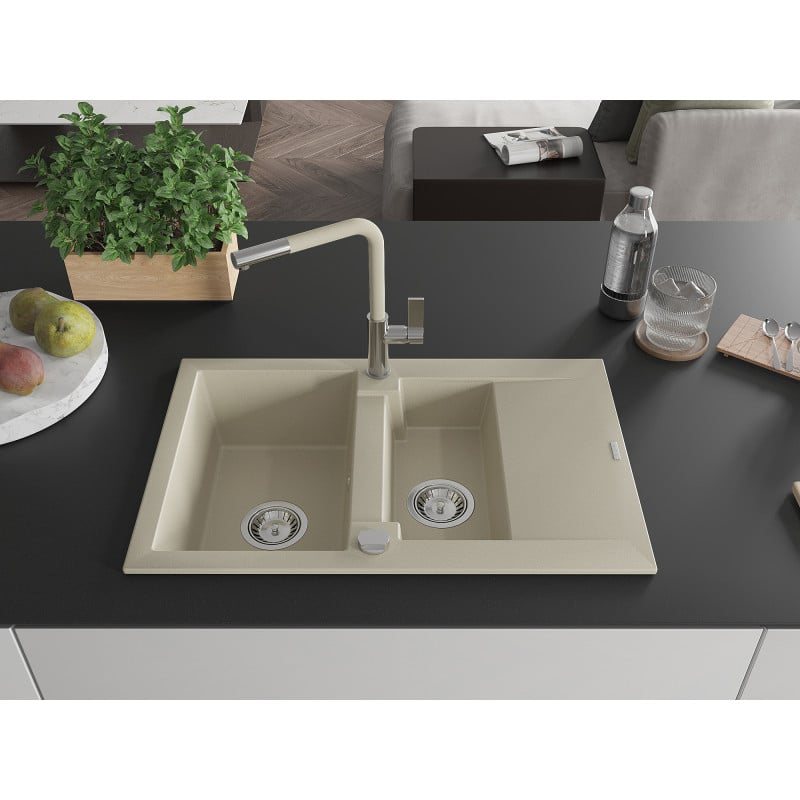 Mexen Gaspar évier en granit 1,5 bac avec égouttoir et robinet de cuisine Flora, beige - 6507-69-670401-09