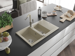 Mexen Gaspar évier en granit 1,5 bac avec égouttoir et robinet de cuisine Flora, beige - 6507-69-670401-09