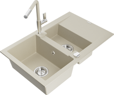 Mexen Gaspar évier en granit 1,5 bac avec égouttoir et robinet de cuisine Flora, beige - 6507-69-670401-09