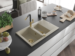 Mexen Gaspar évier en granit 1,5 bac avec égouttoir et robinet de cuisine Flora, beige - 6507-69-670401-57-G