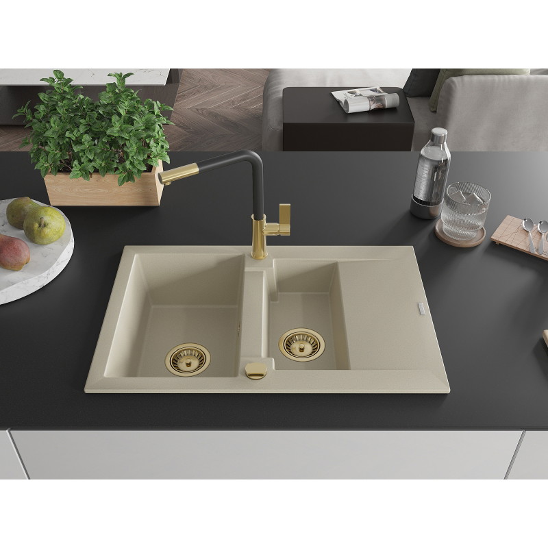 Mexen Gaspar évier en granit 1,5 bac avec égouttoir et robinet de cuisine Flora, beige - 6507-69-670401-57-G