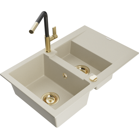 Mexen Gaspar évier en granit 1,5 bac avec égouttoir et robinet de cuisine Flora, beige - 6507-69-670401-57-G