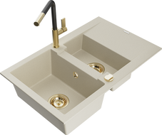 Mexen Gaspar évier en granit 1,5 bac avec égouttoir et robinet de cuisine Flora, beige - 6507-69-670401-57-G