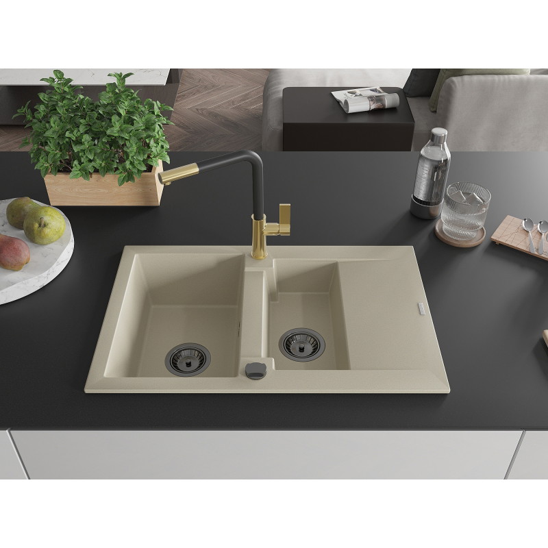 Mexen Gaspar Évier en granit 1,5 cuves avec égouttoir et robinet de cuisine Flora, beige - 6507-69-670401-57-B
