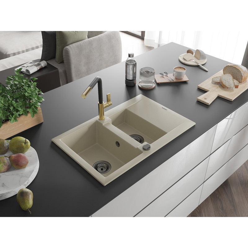 Mexen Gaspar évier en granit 1,5 bac avec égouttoir et robinet de cuisine Flora, beige - 6507-69-670401-57-B