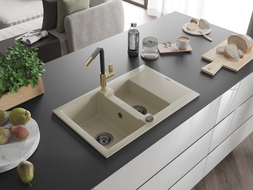 Mexen Gaspar Évier en granit 1,5 cuves avec égouttoir et robinet de cuisine Flora, beige - 6507-69-670401-57-B